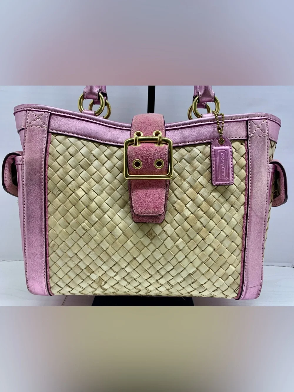 Coach Vintage 2004 Hamptons Pink Metallic Leather, Suede & Straw Tote,